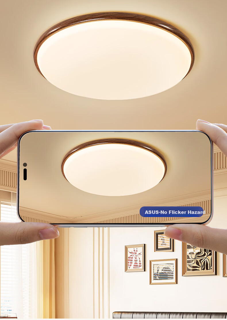 Huashuozhaoming American Walnut Wood, Vintage French Style Bedroom Ceiling Light, Modern Minimalist Round Design, Three-Color Adjustable Lighting 11