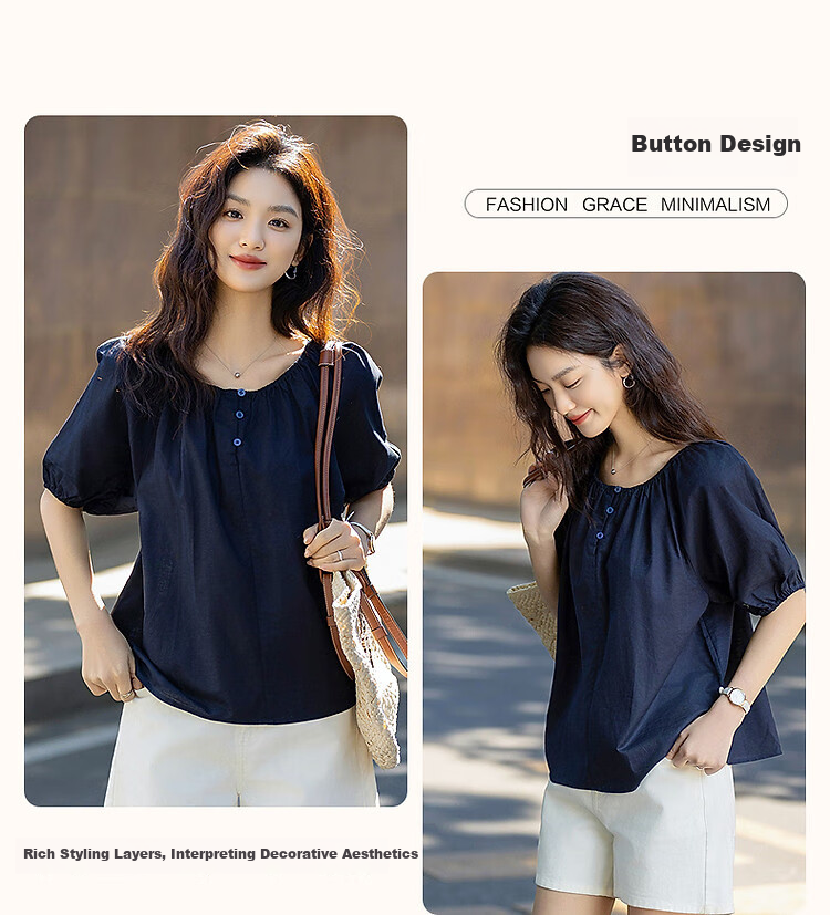 Dme [Elastic One-Shoulder Round Neck Two-Way Wear] Summer Lightweight Linen Cotton Blend Blouse Elegant Shirt Women's Top 5