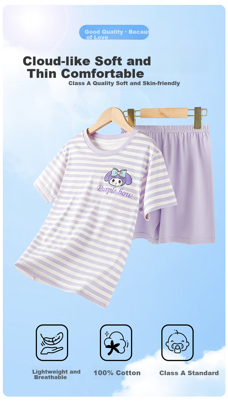 Bingxuemumian Children's Pajamas for Girls, Summer Pure Cotton Class A Thin Set, Short-Sleeve Shorts Round Neck Home Air Conditioning Wear Two-Piece Set 1
