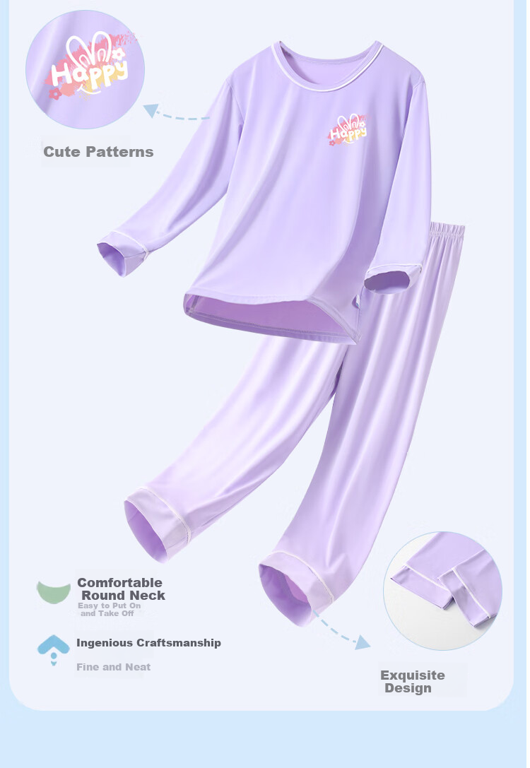 DEESHA Children's Pajamas, Girls' Spring And Summer Thin Sleepwear Set, Round Neck Ice-Cool Air Conditioning Clothes for Girls 3