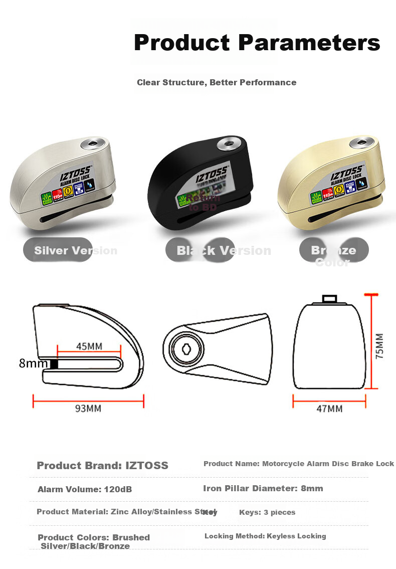IZTOSS Alarm Disc Brake Lock, Motorcycle Anti-Theft Lock, Mountain Bike Disc Brake Pad, Electric Bicycle Lock, Waterproof, Silver Color 10