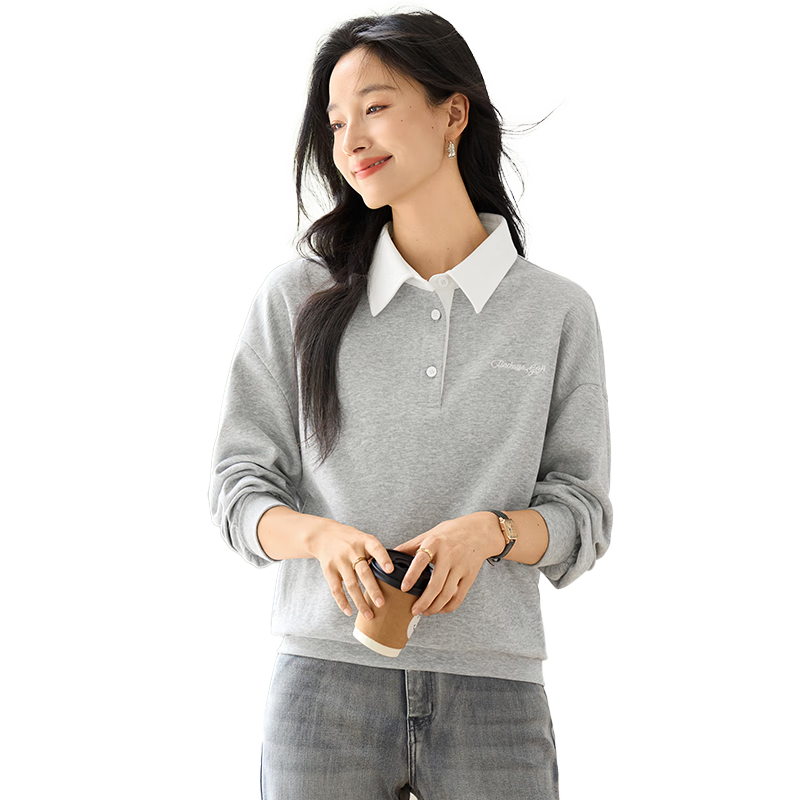 Chushen Spring Autumn Women's Fashion Colorblock Collar Letter Embroidered Versatile Sweatshirt S53W027