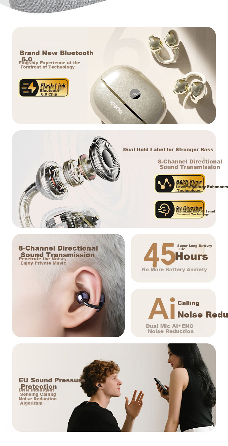 IGene [Sound Quality And Appearance 0 Negative Reviews] Ear Clip Bluetooth Headphones, Open-Ear, Non-In Music Sports Long Battery Life Bone Conduction Concept Suitable for OPPO Huawei Vivo OnePlus 5
