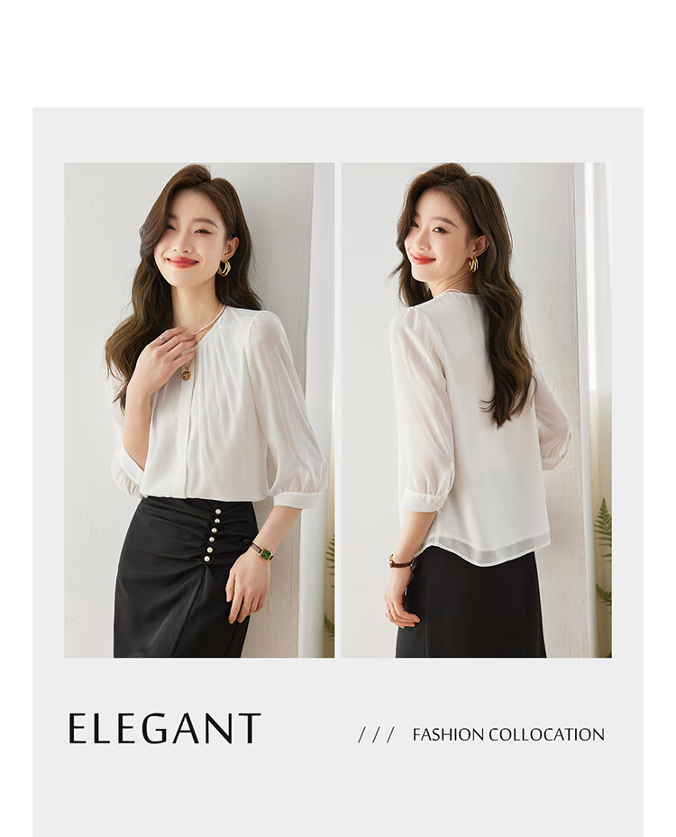 Sentubila Fashionable Round Neck Three-Quarter Sleeve Chiffon Blouse for Women, Autumn Elegant Youthful Style Office Wear Top, White, Size S 6