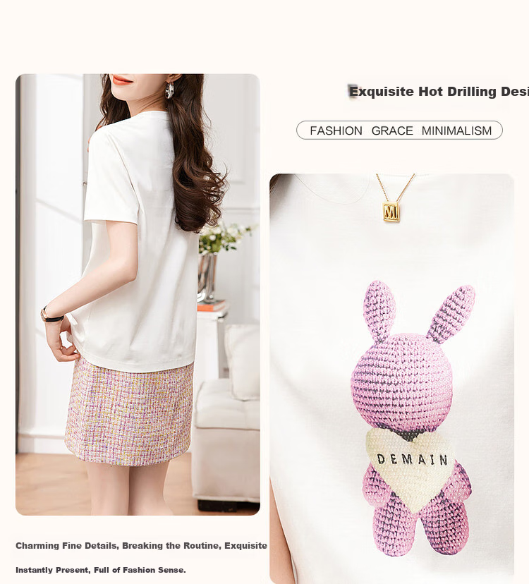 Dme [Fairy Tale Town], Xiayunduo Pure Cotton Rabbit Print, Rhinestone Short-Sleeve T-Shirt for Women, Comfortable And Flattering Women's Tee 5