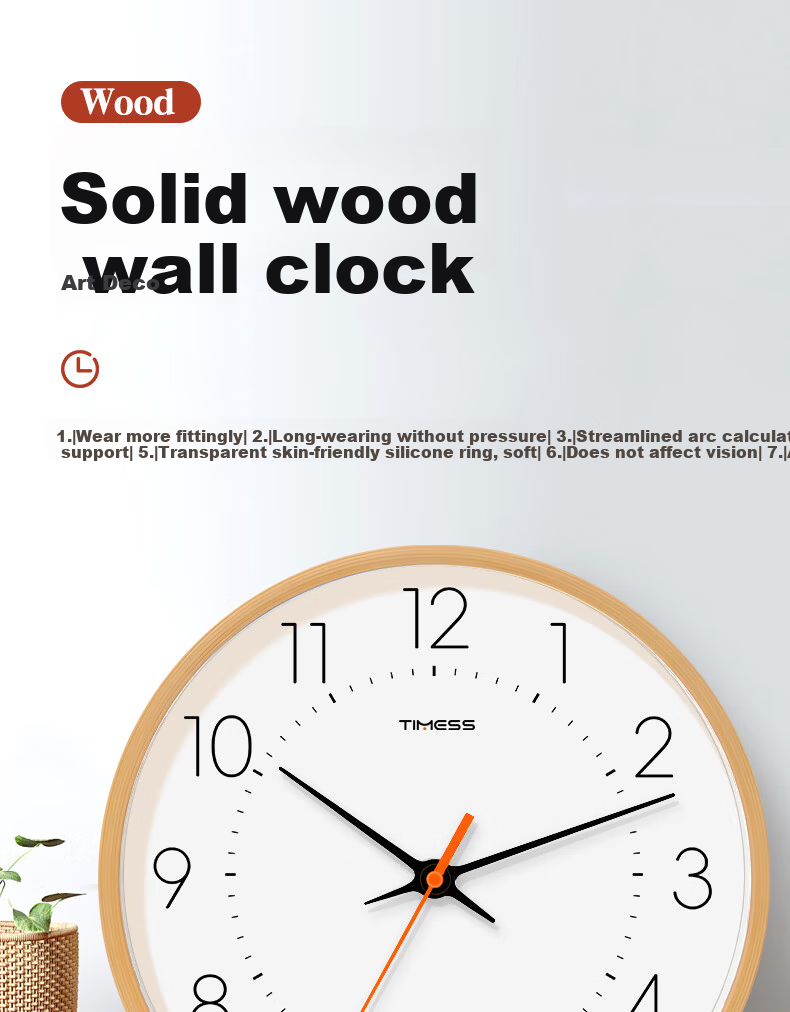 Timess Solid Wood Wall Clock, Living Room Clock, Wall-Mounted Timepiece, Home Use 2024 Model, Creative Minimalist Design, No Drilling Required, Quartz Clock, 30cm 1