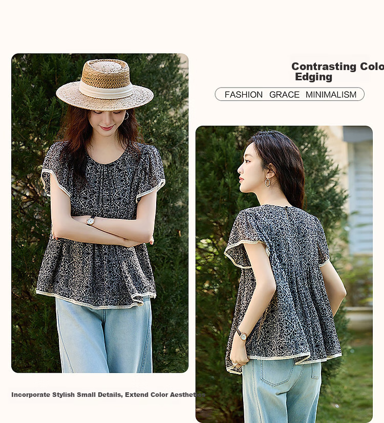 Dme [75D Chiffon Jacquard] Summer Flowy Short-Sleeve Shirt with Contrasting Trim, Loose Blouse Women's Top 5