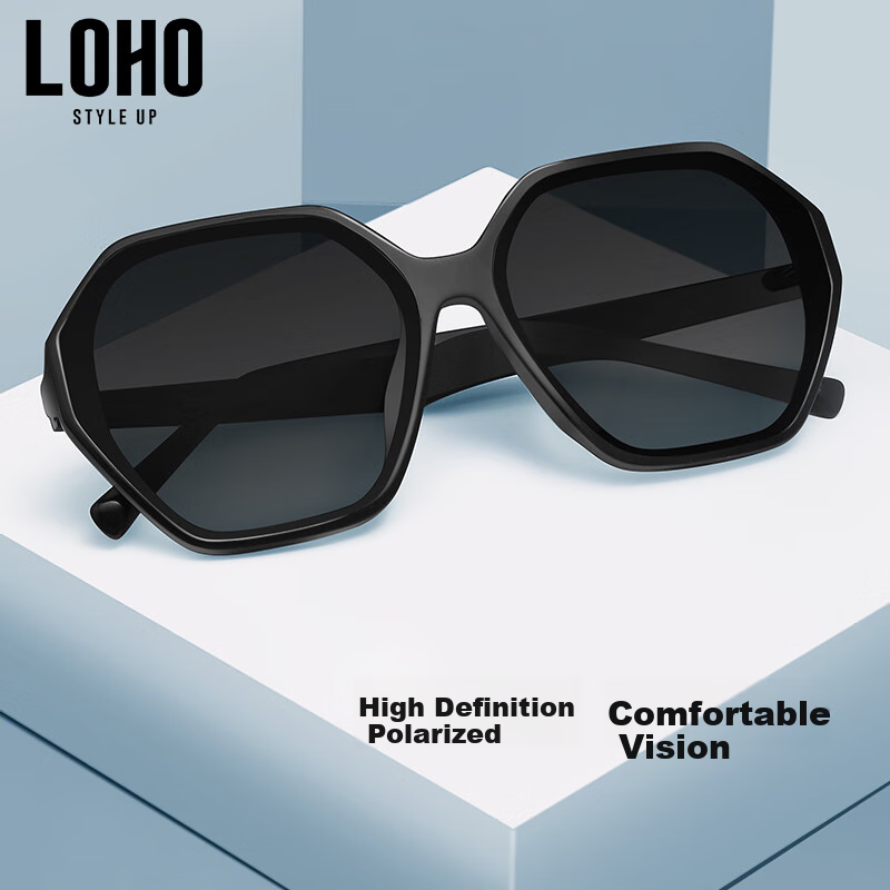 LOHO Nylon Polarized Sunglasses for Women, Black Frame Sunglasses, Face-Slimming Effect, High Definition Driving Glasses for Men LH013616, Black + Single Gray Lens, Black + Single Gray Lens
