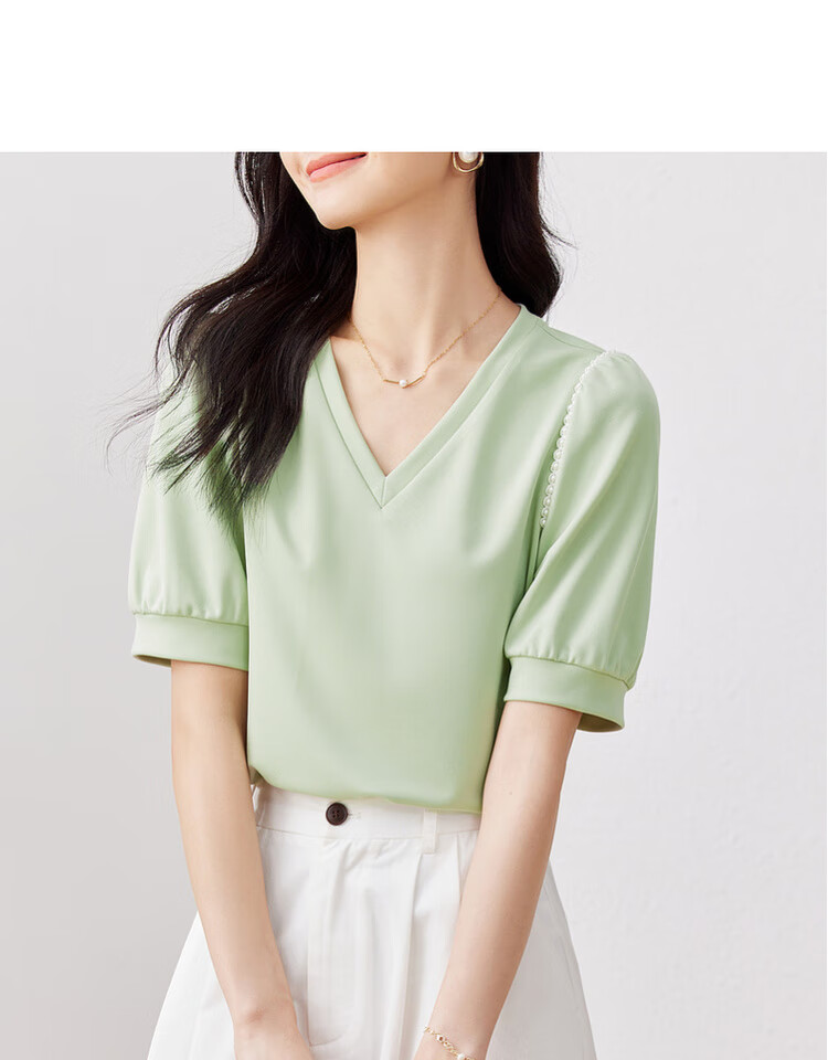 Sentubila Summer Short-Sleeve T-Shirt for Women, Romantic Lace Trim Puff Sleeves V-Neck Slimming Women's Top, Black, S 19