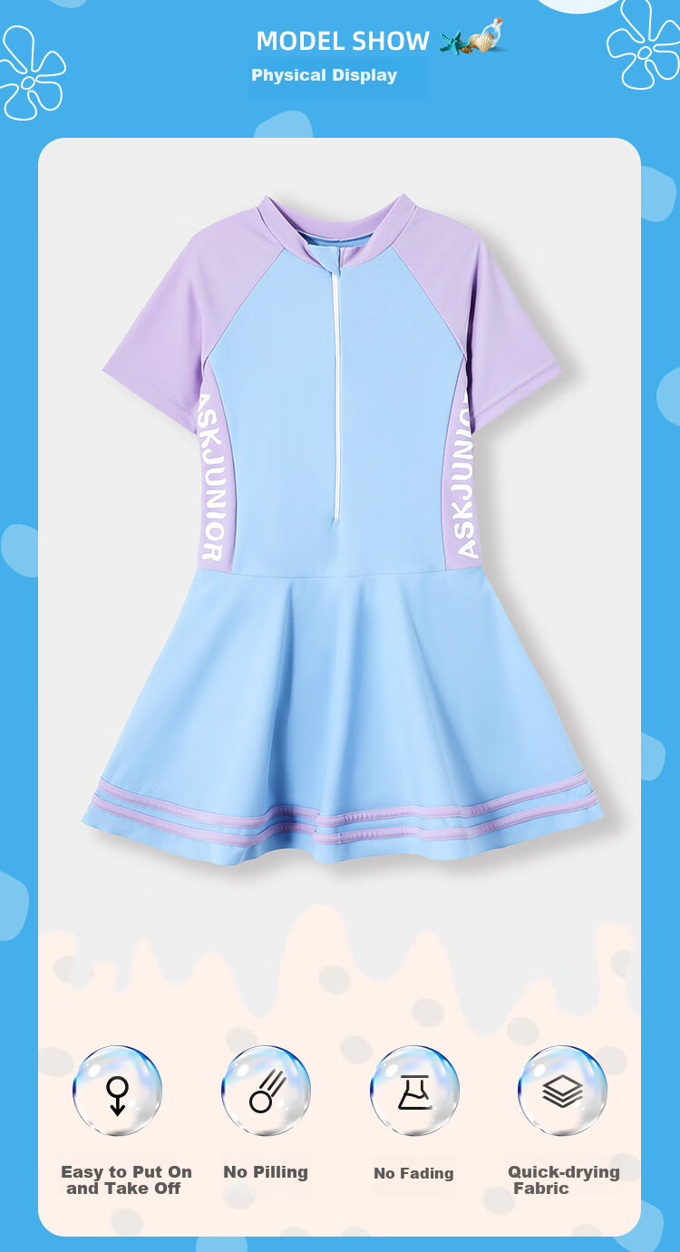 ASK JUNIOR [Hot Spring Bathing Suit] [With Swim Cap], Girls' Swimsuit, Summer Cool Children's Casual One-Piece Swim Skirt, Blue And Purple 3