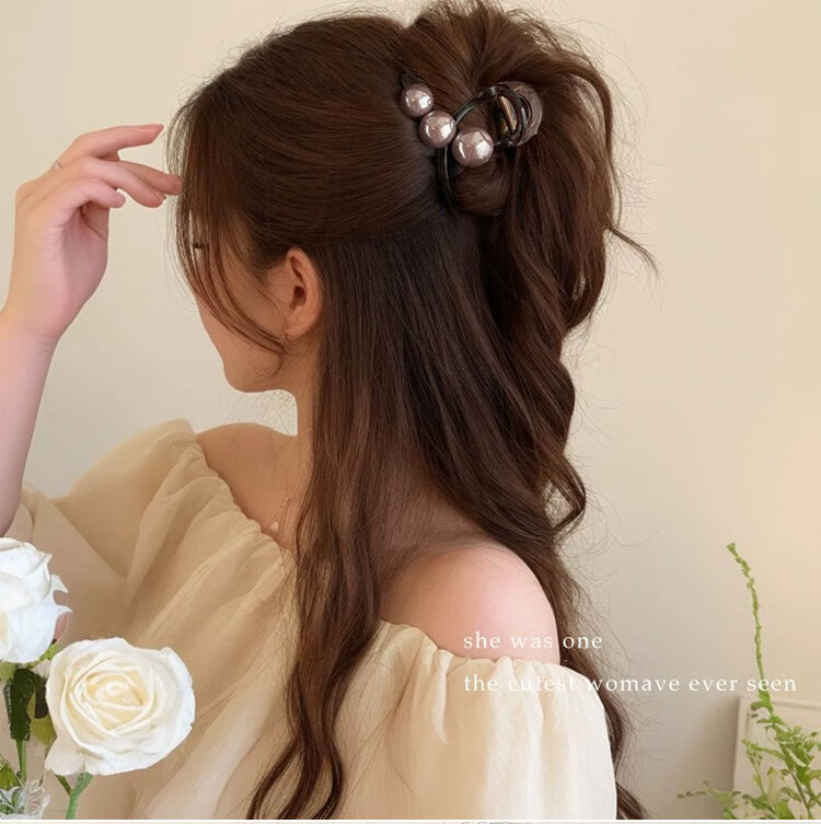 Liqing French Elegant Pearl Shark Clip Hair Claw, High-End Bun Maker, Volumizing Back of Head Hair Clip for Women, Deep Brown, Approximately 8cm 2