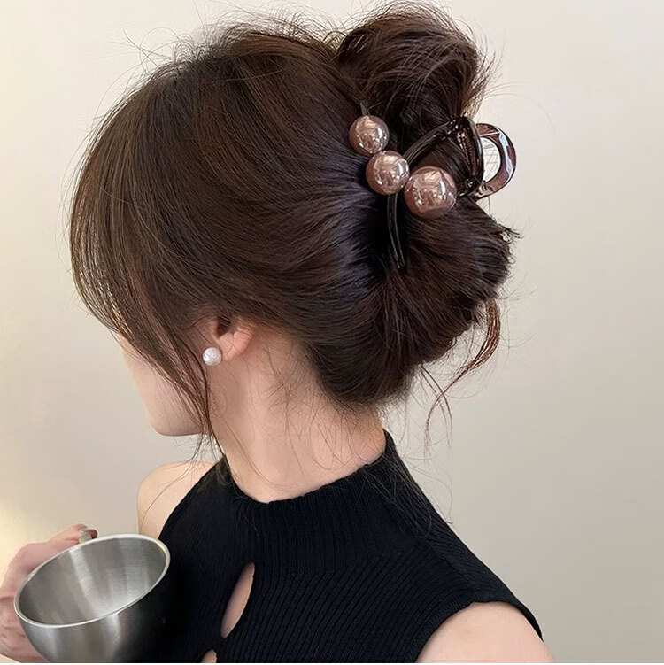 Liqing French Elegant Pearl Shark Clip Hair Claw, High-End Bun Maker, Volumizing Back of Head Hair Clip for Women, Deep Brown, Approximately 8cm 3