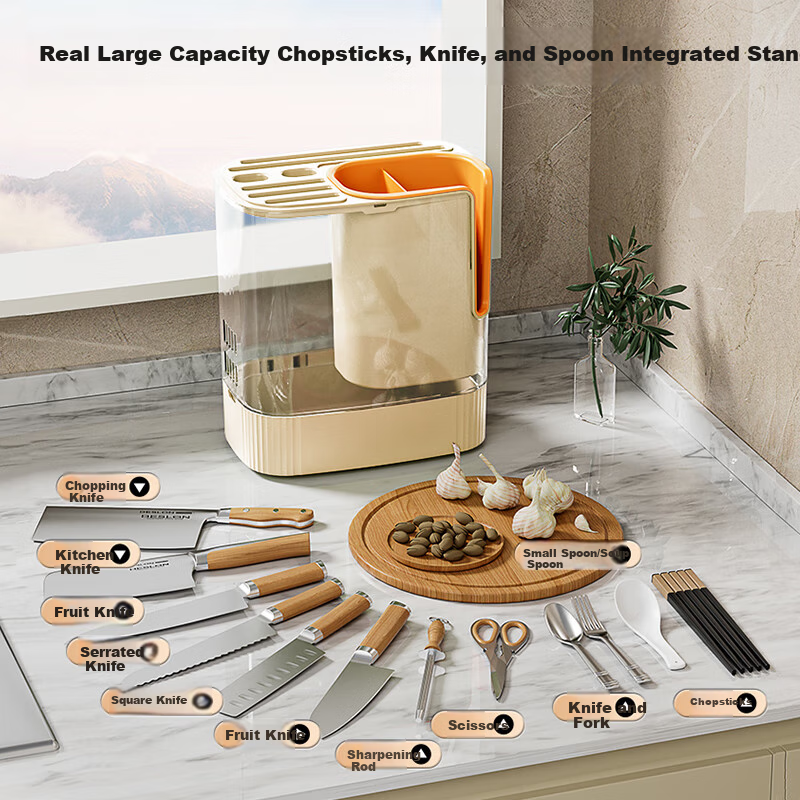 OAK Chopstick Holder, Knife Rack, Kitchen Utensil Organizer, Multi-Functional Draining Storage Container for Chopsticks And Knives C1545