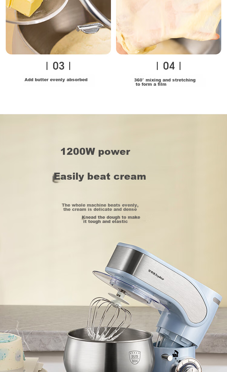Royalstar Stand Mixer, Large Capacity for Home Use, Multifunctional Dough Kneading And Mixing, Fully Automatic, 1200W High Power, Whipping Milk, Egg White, Cream, Bread Maker, 5 Liters, RM1200Z 5