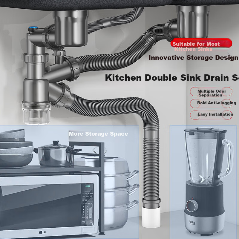 Larsd Kitchen Sink Drain Pipe, Kitchen Drainage Set, Double Sink Drainage Pipe Accessories for Washbasin And Sink 9227