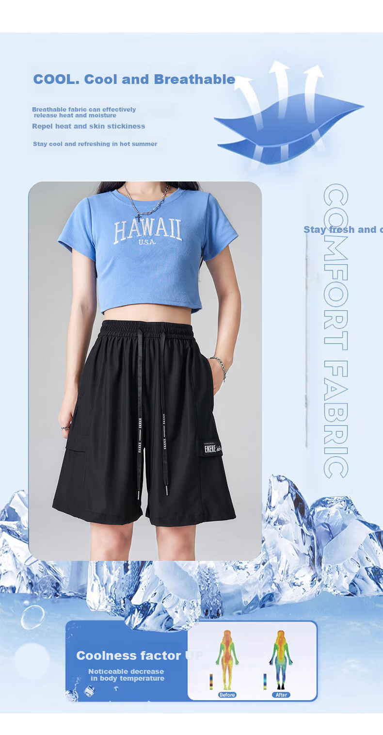 XUEXIMAN Women's Sports Shorts, Summer Lightweight Loose Straight-Leg Cargo Shorts, High-Waist Quick-Dry Wide-Leg Black Mid-Length Shorts 6