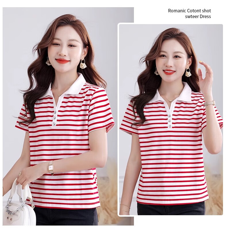 Woodpecker Pure Cotton Polo Collar Short Sleeve T-Shirt Women Summer Striped Polo Shirt Loose Plus Size Black White L 15