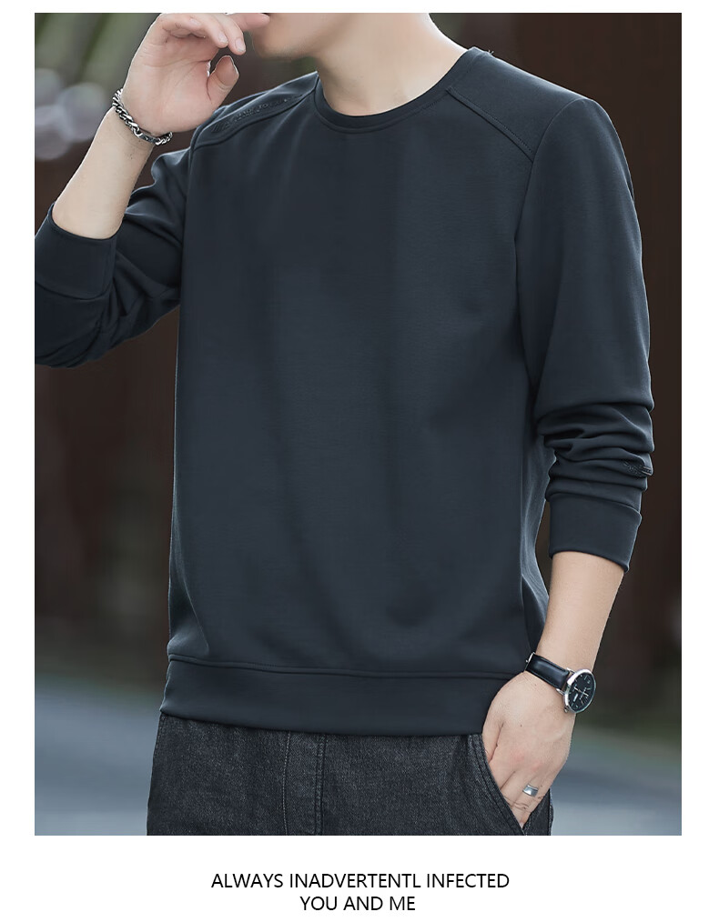 Romon Men's Sweatshirt Spring High-End Business Casual Long Sleeve T-Shirt Versatile Crew Neck Base Shirt Jacket Green D7S 2XL 7