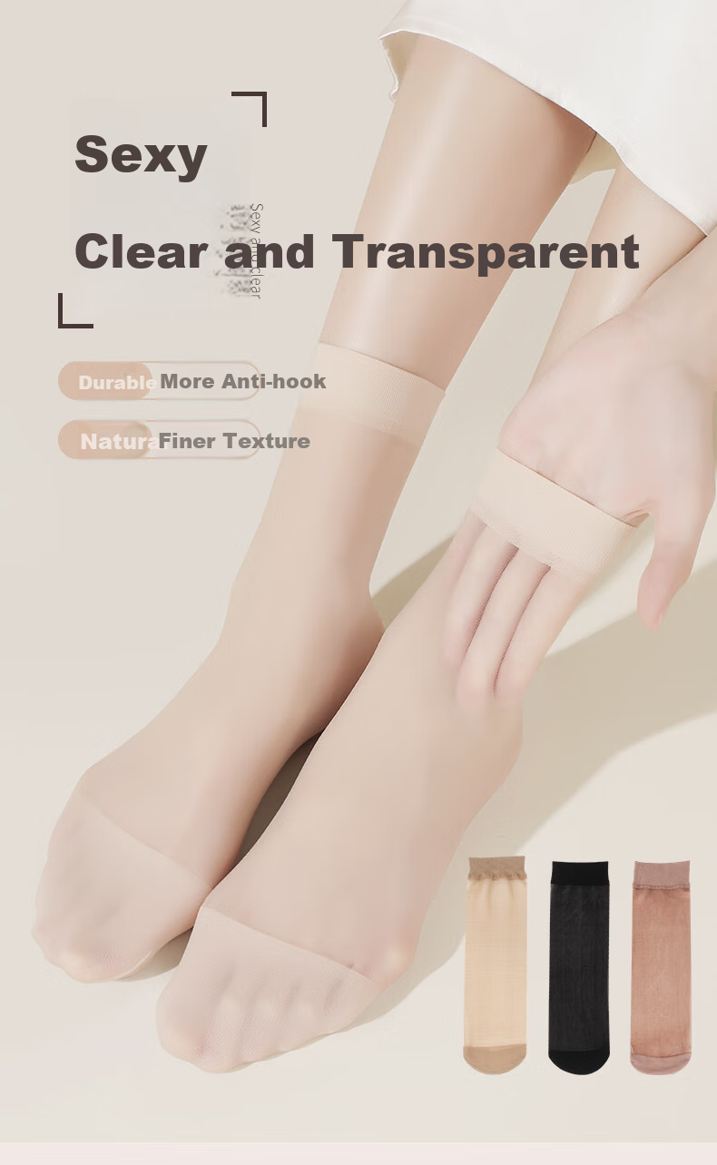 LangSha Thin Women's Stockings, Spring And Summer 10A Antibacterial Anti-Snag Transparent Invisible Crystal Silk Mid-Calf Socks, Skin Color 10 Black 10 1