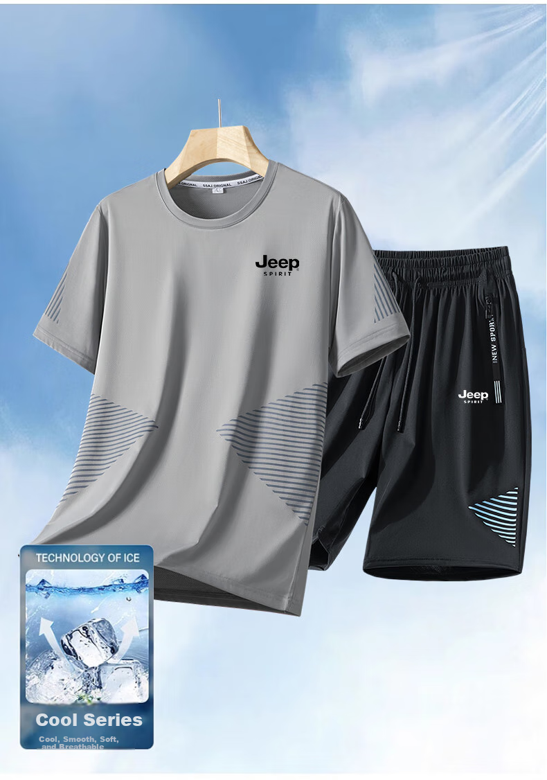 JEEP SPIRIT Men's Short-Sleeve T-Shirt, Summer Half-Sleeve Top And Shorts Set, Ice Silk Breathable Two-Piece Suit, Light Gray, XL 2