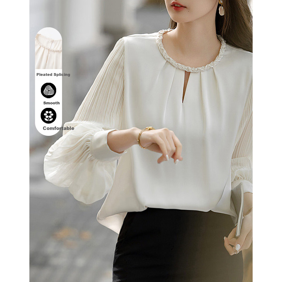 Dme [Selected Satin with Luster Yarn] Spring And Autumn Color-Block Round Neck Knit Strap Blouse, Pleated Patchwork Shirt, Women's Top