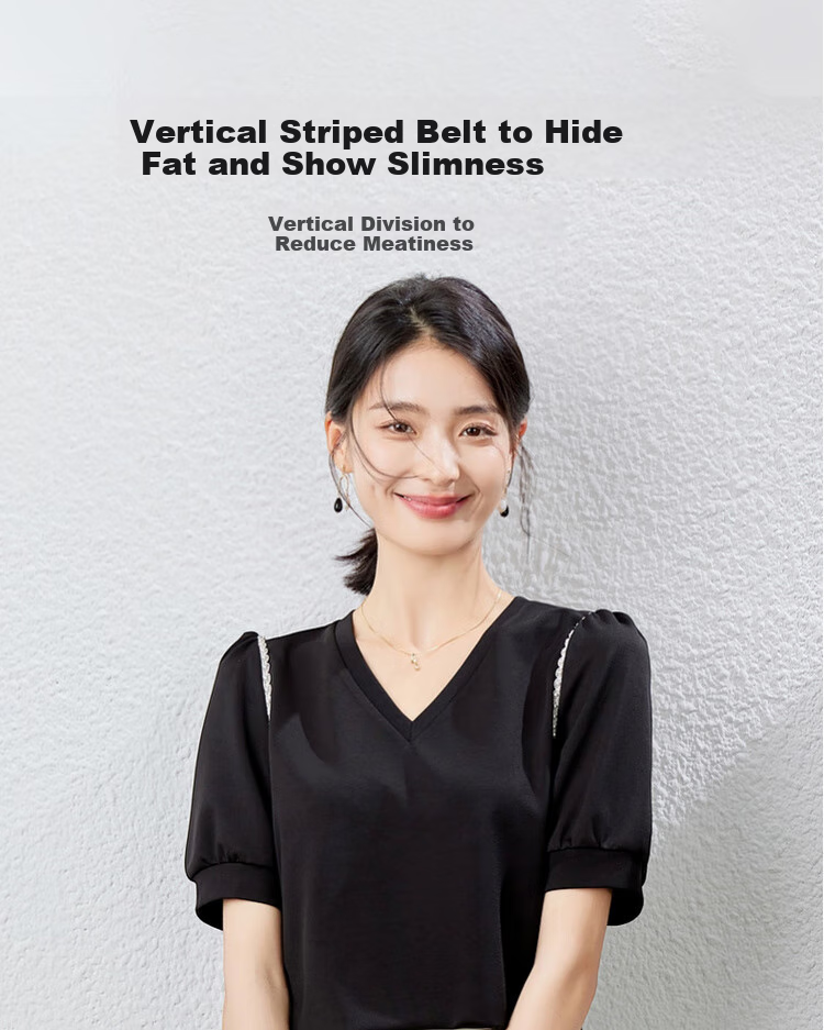 Sentubila Summer Short-Sleeve T-Shirt for Women, Romantic Lace Trim Puff Sleeves V-Neck Slimming Women's Top, Black, S 1