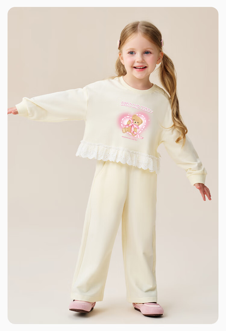Classic Teddy Girls' Two-Piece Set Children's Sweatshirt and Pants Sweet Patchwork Casual Spring Outfit Light Gray 90 15
