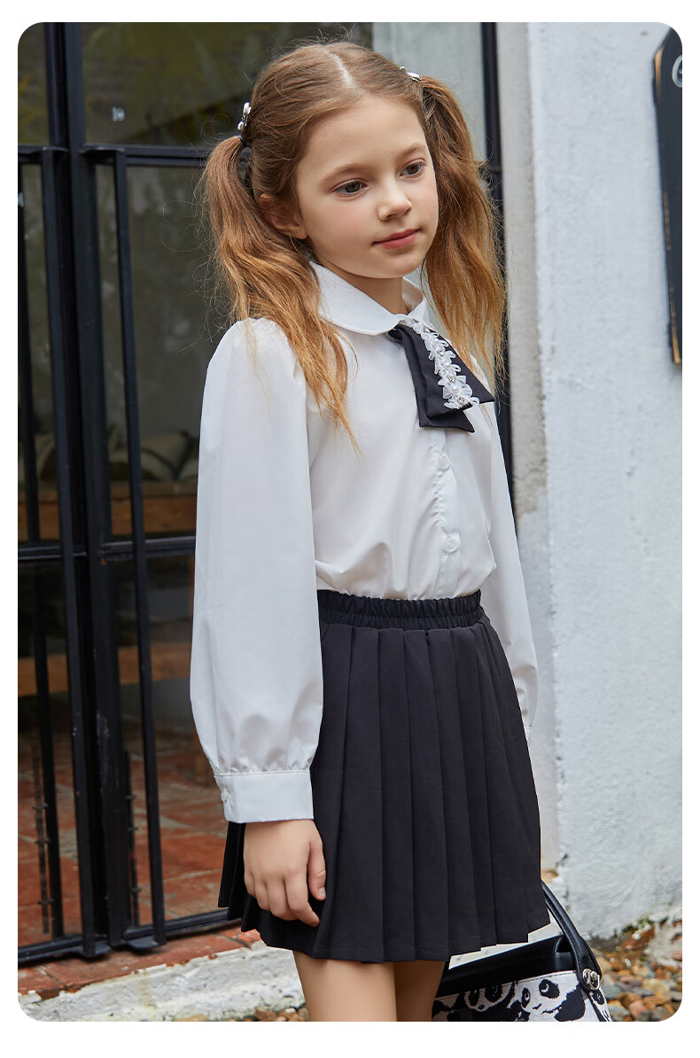 Follow Me Girls' Summer Set: Preppy Style Shirt Top And Pleated Skirt Two-Piece Set White/black 140 11