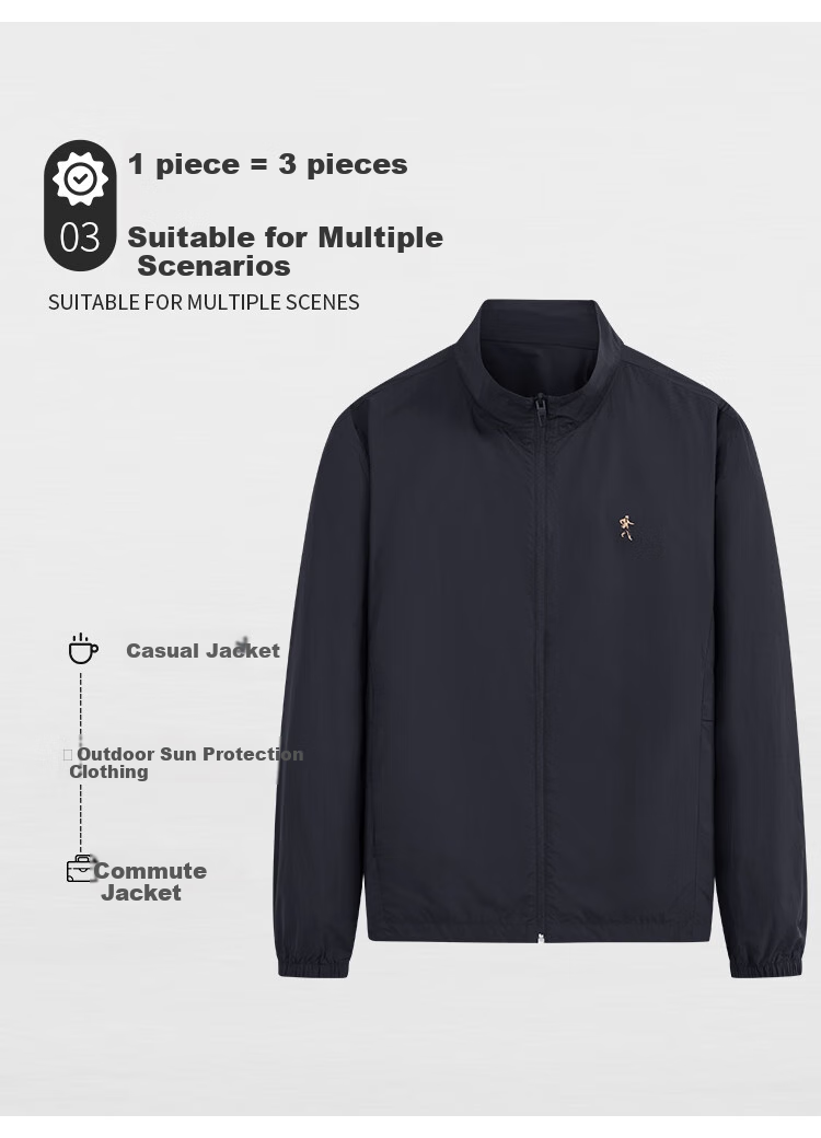 DANCING WOLVES [UPF50+] Casual Versatile Stand-Collar Sports Jacket for Men, Sun Protection Coat, 101 Navy Blue, 3XL(190) 6