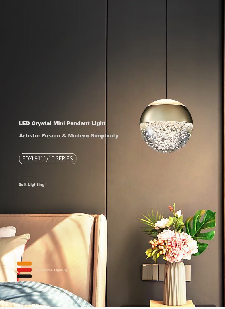 CDN Bedside Pendant Light, Dining Room Lamp, Small Chandelier for Bedroom, Living Room, Study, Vintage Style Glass Light Luxury Spherical Pendant Light, Light Gold 1