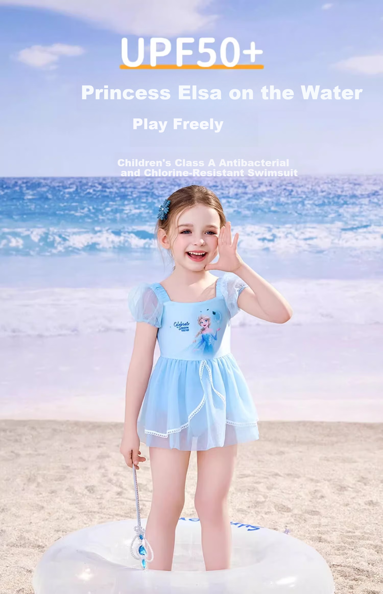 Dishini Girls' One-Piece Swimsuit Dress with Elsa Design for Children's Swimming And Sun Protection, Suitable for Hot Springs And Swimming Pool, Class A Swimwear D35044 Ice Blue 110 1