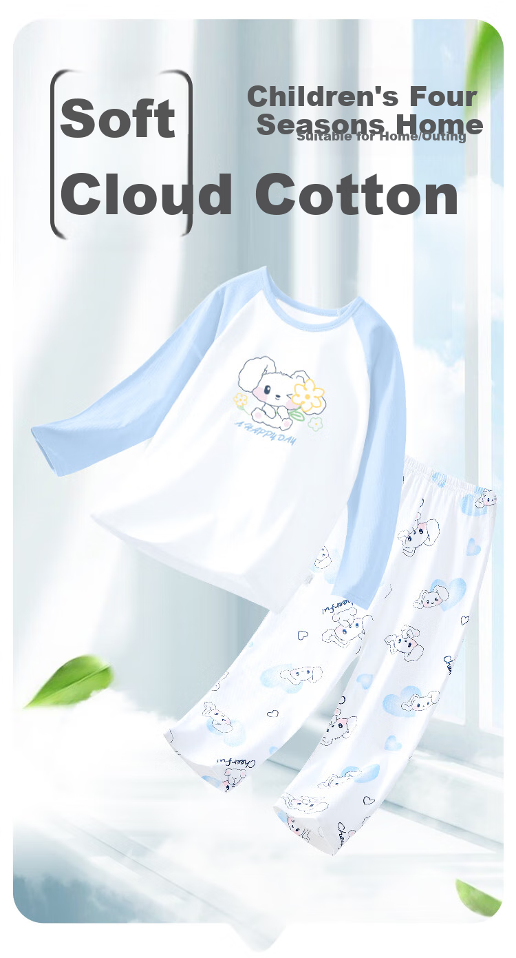 DEESHA [100% Cotton] Children's Pajamas, Girls' Loungewear, Spring And Summer Thin Long-Sleeve Air Conditioning Suit Set 1
