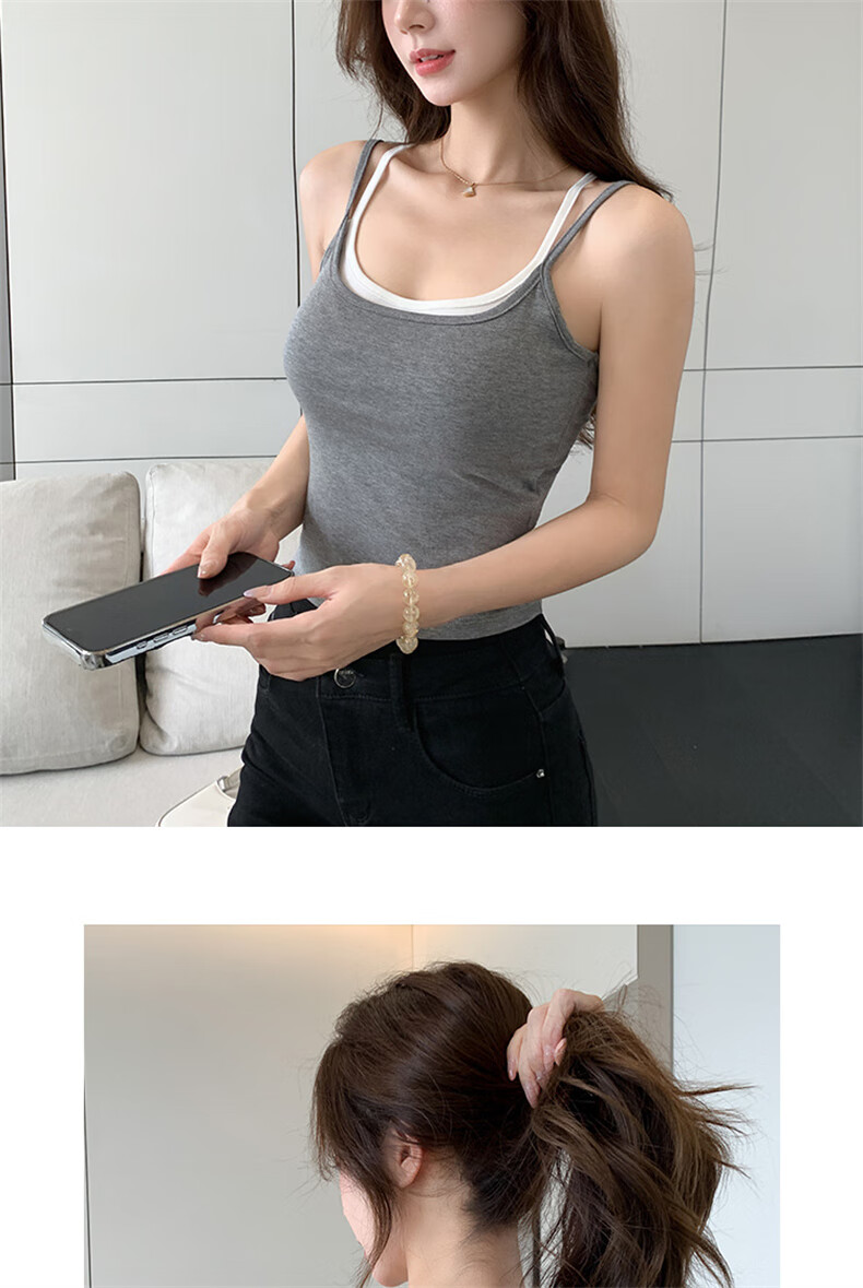 LangSha Women's Fake Two-Piece Small Camisole with Chest Pad, New Color-Block Double Shoulder Straps, Slim Fit, Backless Outerwear Top 22