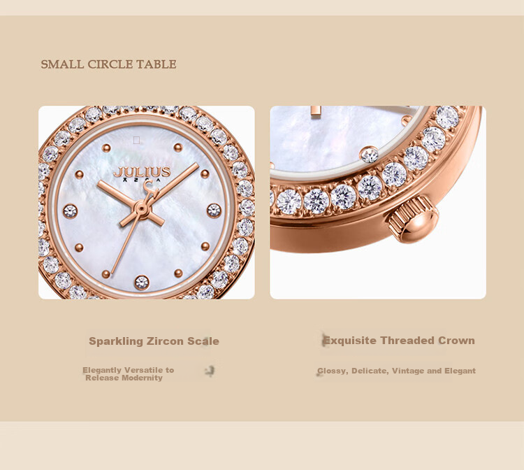 Julius Watch for Women, Mermaid Gift Box, Girlfriend Gift, Zirconium Bracelet, Quartz Ladies' Student Watch, Rose Gold MG-1435B 9