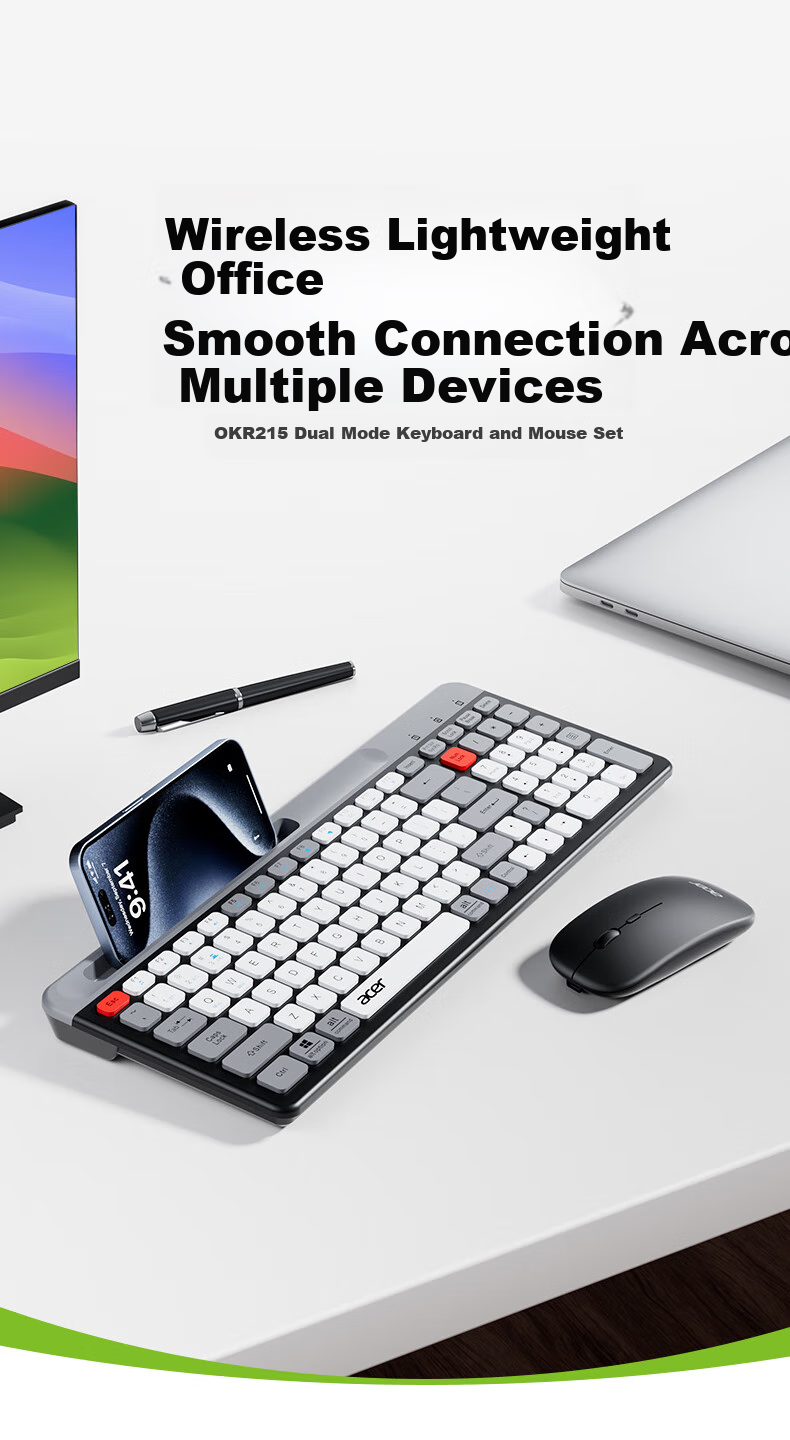 Acer Wireless Bluetooth Keyboard And Mouse Combo, Rechargeable Mouse Keyboard, Compatible with Phones, Computers, IPad Tablets, Universal Keyboard And Mouse Set, Card Slot Stand, OKR215 Gray And Black 2