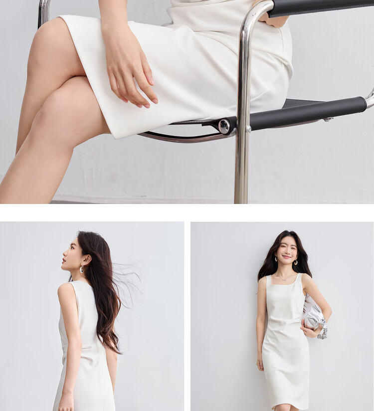 Sentubila Petite Black Square Neck Spaghetti Strap Dress for Women, Summer Elegant Slimming Dress, Concealing Body Shape, Elegant Mid-Length Dress 16