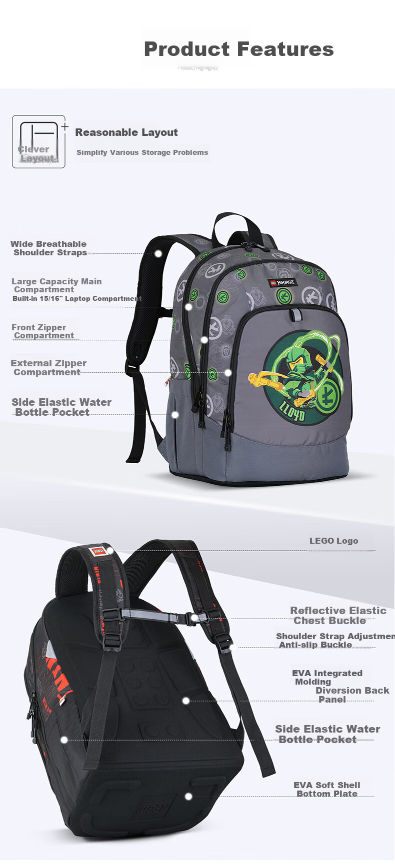 LEGO Children's Backpack for Grades 3-9, Large Capacity Shoulder Bag, Lightweight And Comfortable, Green Ninja, 20236 4