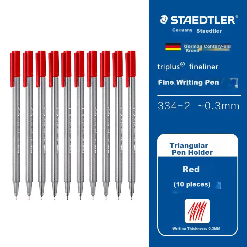 STAEDTLER Needle-Tip Pen, 0.3mm Fiber Tip, Water-Based Ink, Washable, Direct Liquid Signing Pen, Art Drawing Outlining Quick-Drying Pen, Red, 10 Pieces, 334-2