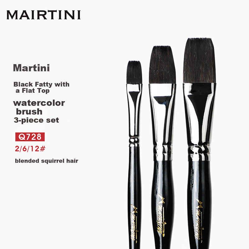 MAIRTINI Black Flat-Top Watercolor Brushes, Squirrel Hair Brushes for Acrylic Paint And Oil Painting, Set of 3 Combination Pack Q728