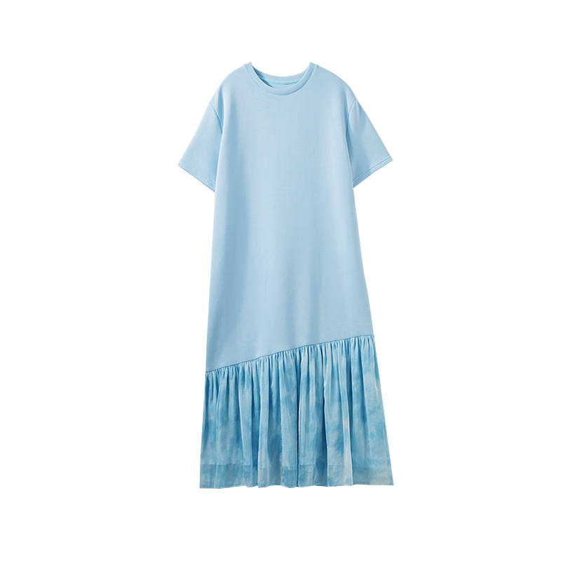 Dme [Weekend Lazy Outfit] Summer French Round Neck Loose Waist Short-Sleeve Printed Patchwork T-Shirt-Style Women's Dress