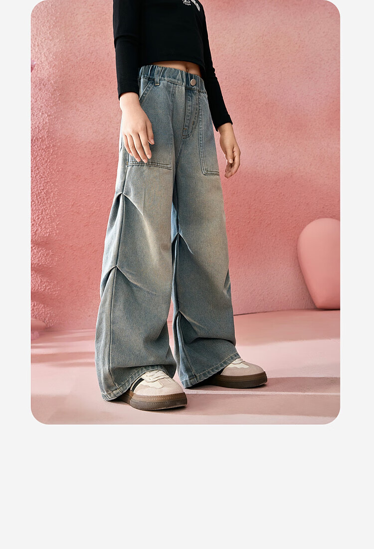 ASK JUNIOR [Brush-Dyed Jeans] Children's Pants, Fall 2026 Vintage Straight-Leg Trousers, Girls' Draping Long Pants, Youth Style 6