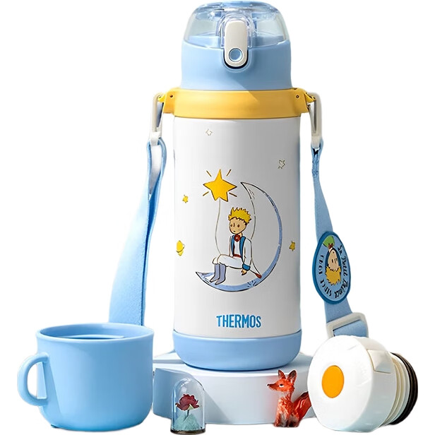 Детская термокружка THERMOS "Маленький принц" с трубочкой и крышкой для прямого питья, 600 мл, синяя
