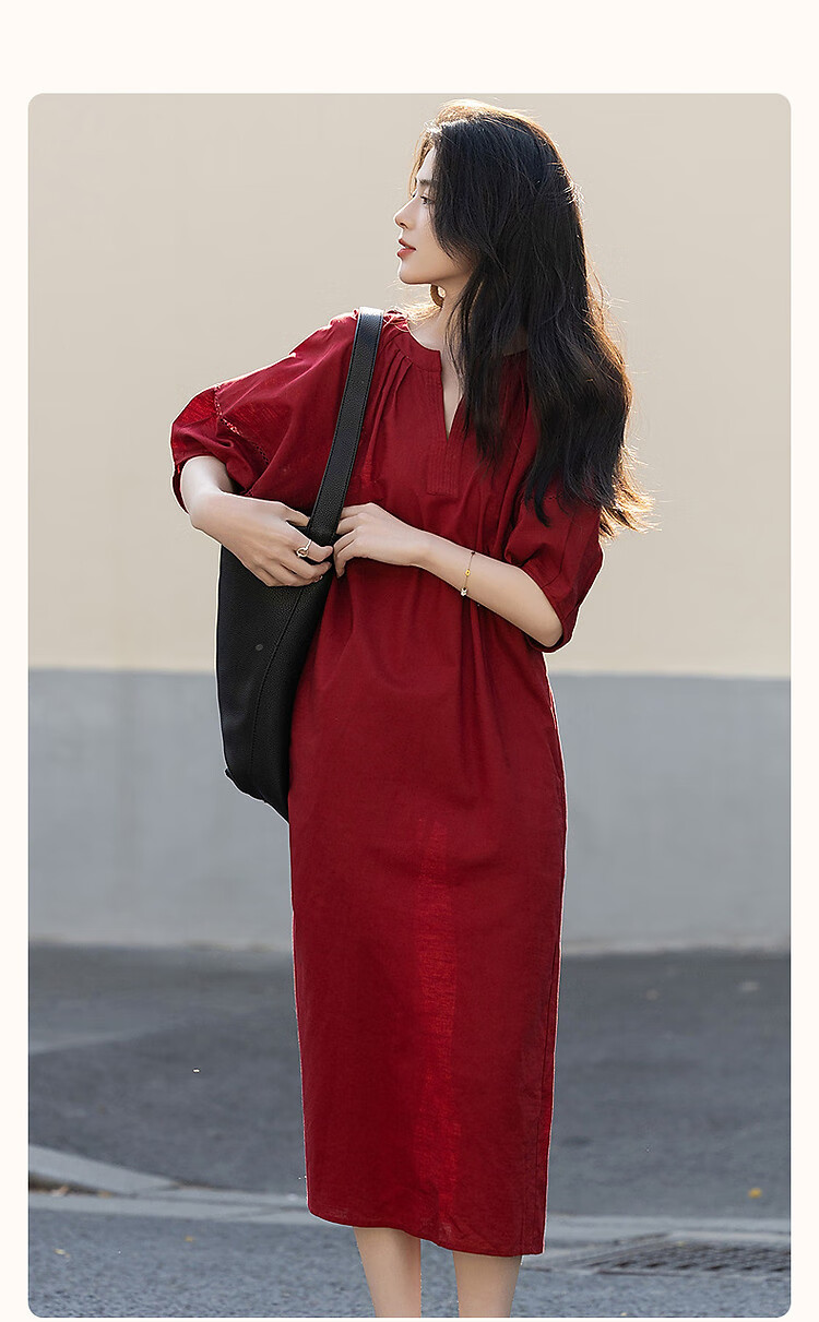 Dme [Chunmuji] Summer Smooth Linen Cotton Bamboo Jersey Round Neck Loose Straight Dress for Petite Wome 2