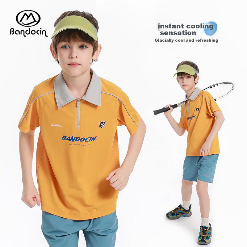 BANDOCIN Boys' Sports Polo Shirt, Summer Lightweight Stylish New Design, Children's Short-Sleeve T-Shirt, Sunshine Orange, Size 130