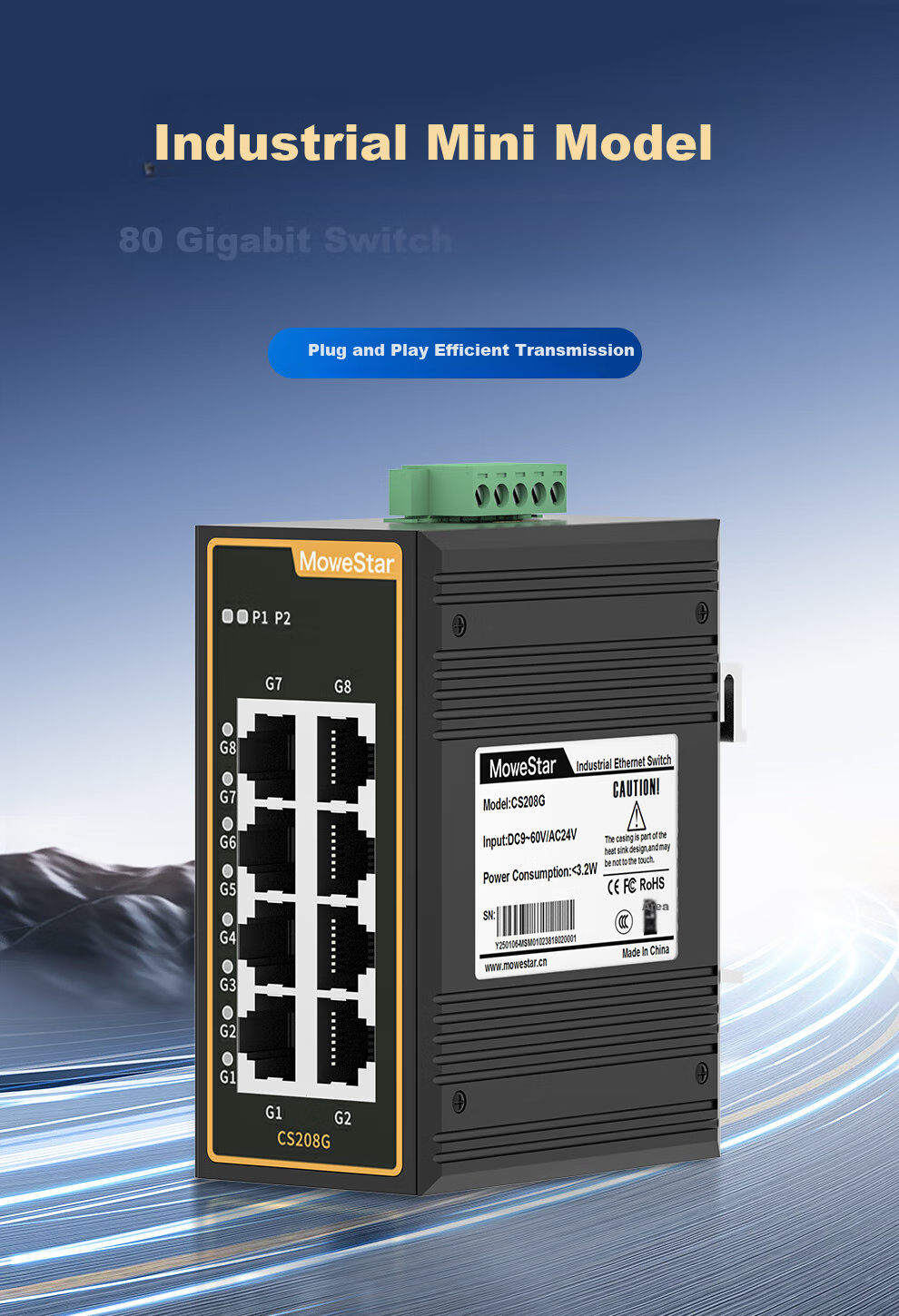 MoweStar Industrial Switch, 8-Port Full Gigabit, Rack-Mounted, Layer 2 Unmanaged Industrial Ethernet Switch, Small Mini Version Switch CS208G 2
