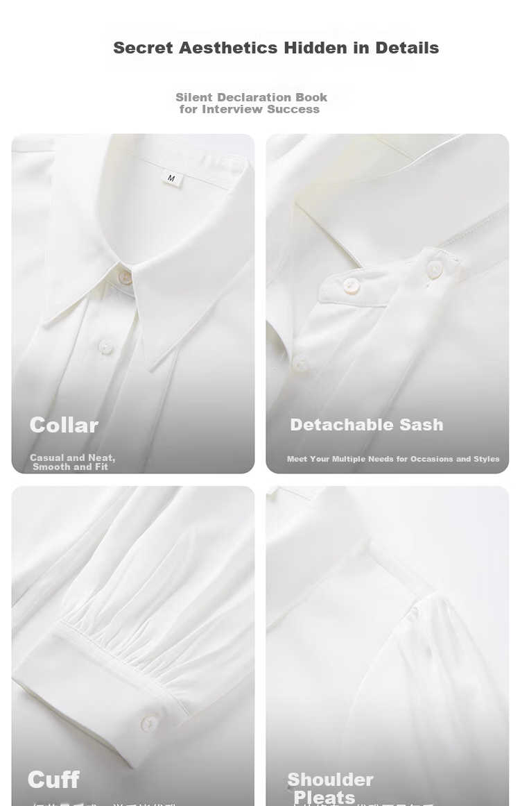 Bodexiaojie White Long-Sleeve Blouse for Women, Ribbon Tie, Professional Commute Top, Wrinkle-Resistant Interview Suit Inner Layer, Chiffon Blouse, XL 12