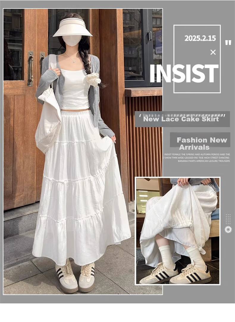 LangSha White Midi Skirt for Women, Spring 2026 New High-Waisted Slimming A-Line Puffy Skirt, Mid-Length Lace Cake Skirt 1