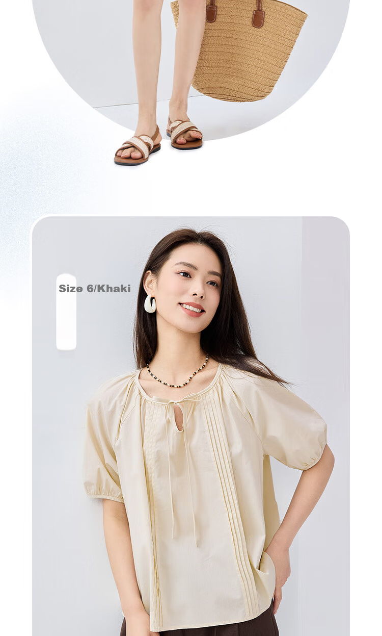 Giordano Women's Short-Sleeve Shirt, Pure Cotton, Brocade, Tie-Up Collar, Pleated, Raglan Sleeve, French Style, Elegant Blouse, 13345305 13