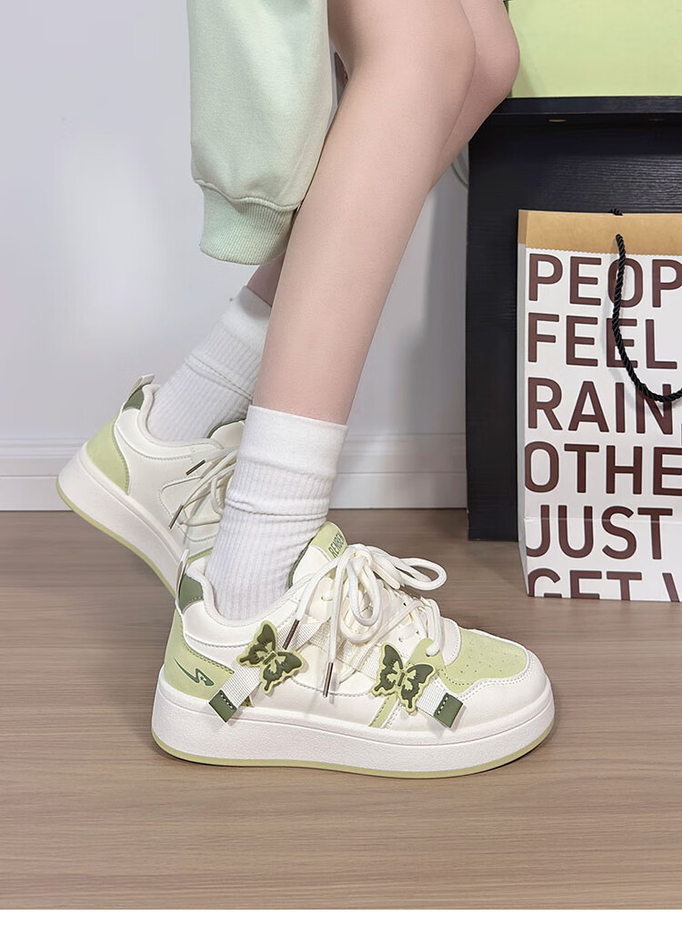 RENBEN Matcha Green Butterfly White Sneakers for Women, New Fashion Versatile Casual Shoes, Thick-Soled Korean Style Platform Shoes, White And Green, Size 38 7