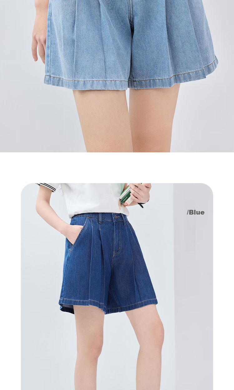 Giordano Women's Denim Shorts with High-Tech Cooling Pleated Fabric, Semi-Elastic Waistband, Lightweight Denim Pants 13405239 13